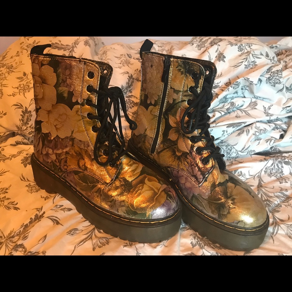 Gold Glitter Floral Doc Marten Style Boots